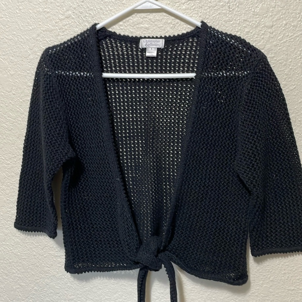 Christopher & Banks Black Open-Knit Tie-Front Cardigan Sweater